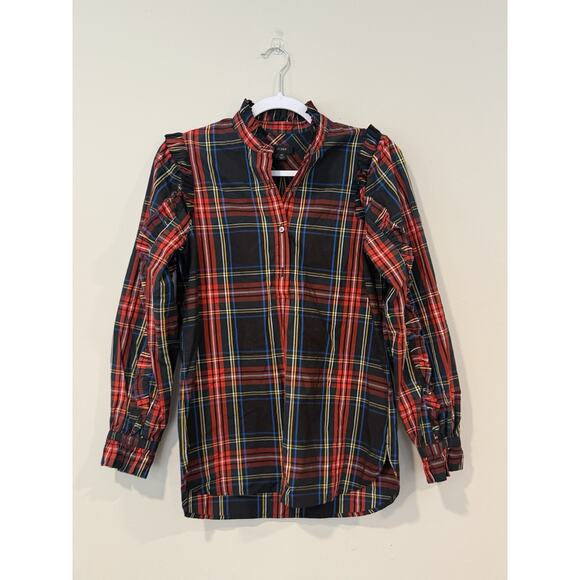 J Crew Women's Popover Shirt Top Sz XS Stewart Tartan Plaid Ruffle Classic - Picture 2 of 11